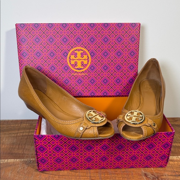 Tory Burch Shoes - Tory Burch Brown Peep-Toe Small Wedge, Women’s 8.5